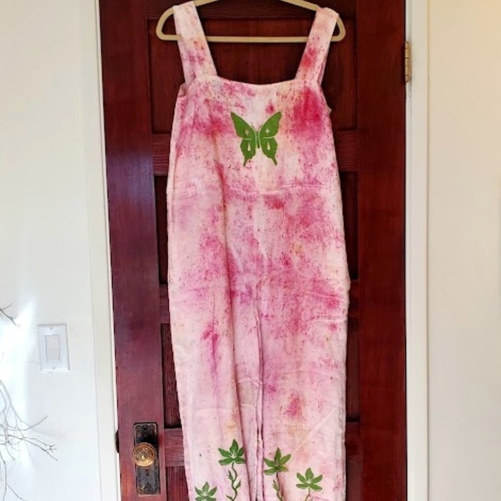 XS Pink/White Sister Nettle Botanically Dyed Butterfly & Flowers Linen Jumpsuit